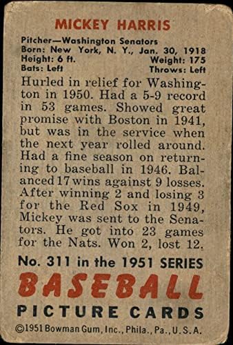 1951 Боуман # 311 Мики Харис Вашингтон Сенатърс (Бейзболна картичка) ЛОШ сенатори