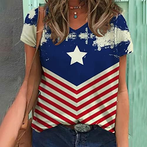 На 4 юли 2023, Тениски за Жени, в началото на с Американския Флаг, Тениска с V-образно деколте, Къс Ръкав, Свободни Ежедневни Блузи Летни