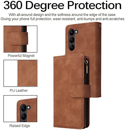 Miimall Съвместим калъф-портфейл за Samsung Galaxy A34 с държач за карти, Флип калъф-награда от изкуствена кожа със стойка, преден Джоб с цип, Защитен калъф за Samsung A34 5G (кафяв)