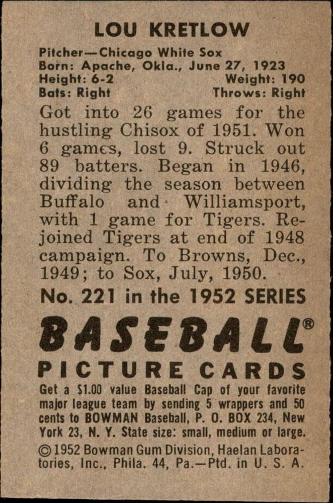 1952 Боуман 221 Лу Кретлоу Чикаго Уайт Сокс (бейзболна картичка), БИВШ играч на Уайт Сокс