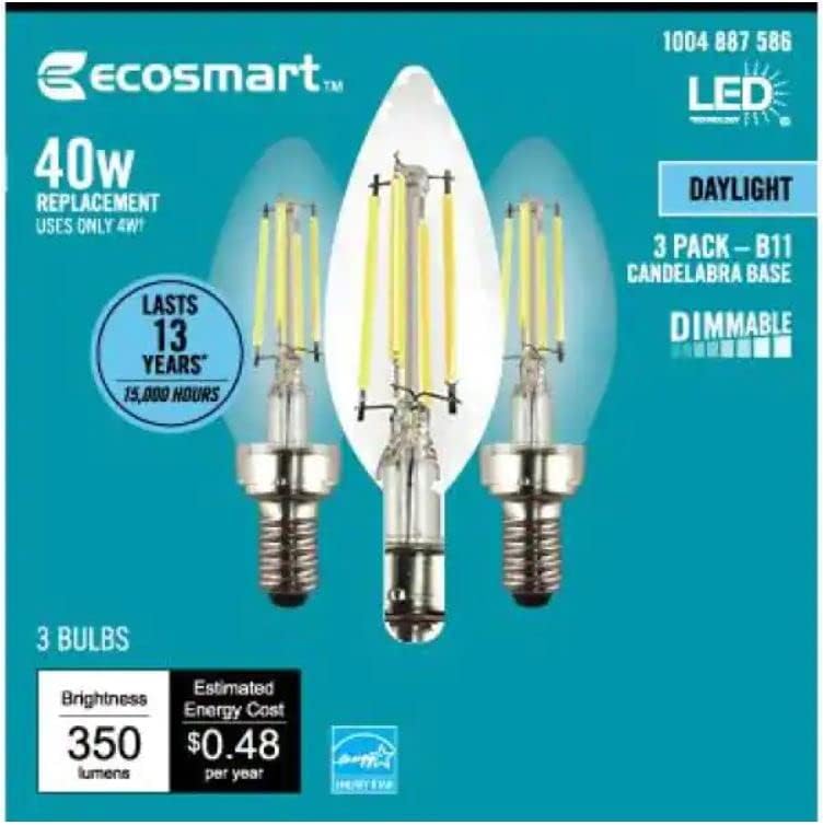Лампи EcoSmart EcoSmart 40-Ватов Еквивалент на Свещи B11 С регулируема яркост на Energy Star и Свещници От Прозрачно