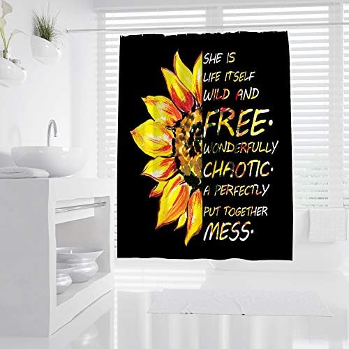 Завеса за душ с Подсолнухом за Баня, Есенна Картина с маслени бои Цвете с Мотивирующими Думи на Черно-Жълта