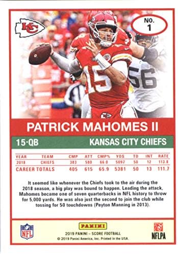 Футболен сметка 2019 1 Патрик Магомес II Канзас Сити Шефове Официалната търговска картичка NFL, направена Панини