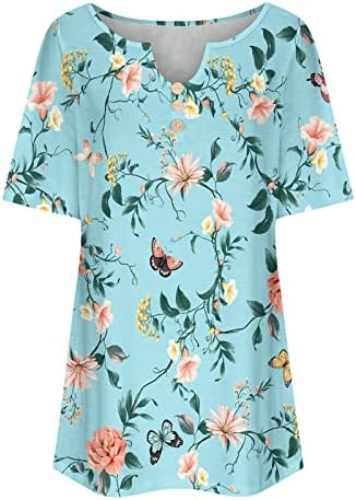 Дамски Блузи с Флорални принтом и Рюшами Размер Плюс, Скрывающие Корема, Тениска с Къс ръкав и V-образно деколте