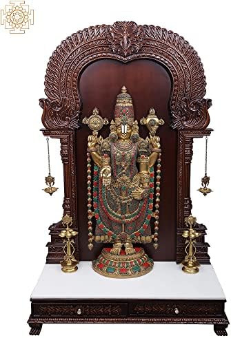 Екзотична Индия 70 Супер Голям Tirupati Баладжи в дървена Стойка с лампи-символи вайшнавов | Рамка от тиково