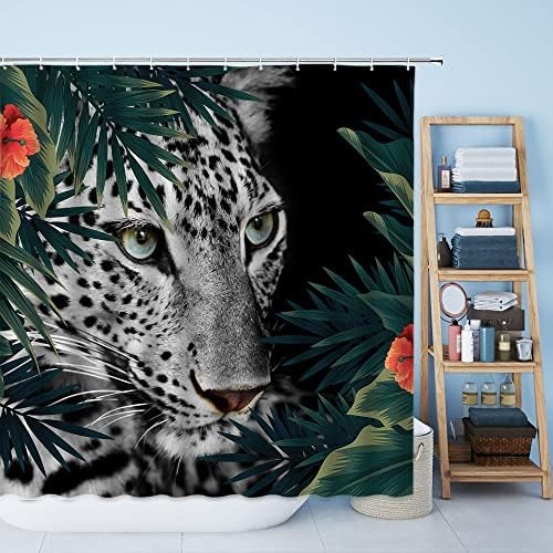 TFGGNDF Леопардовая Завеса За Душ Черно-Бял Гепард Диви животни в Джунглата Животно Тропически Палмови Листа