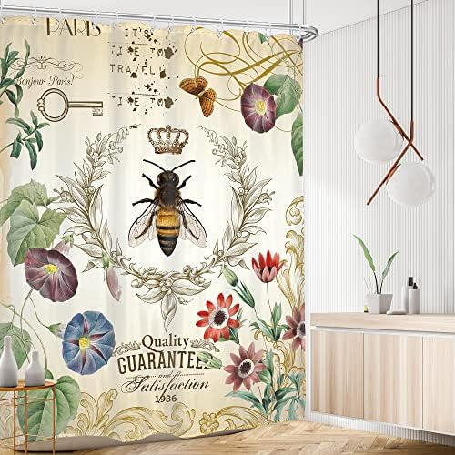 AMBZEK Реколта Завеса за душ с Пчелите от 60 W x 72 Л Инча, Примитивни Диви Цветя, Цветя Държава, Антични Кралицата