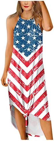 На 4 юли, Макси-Рокли за Жени, Лятно Ежедневна Рокля в стил Бохо с Флага на САЩ, Без ръкав, С Кръгло Деколте,