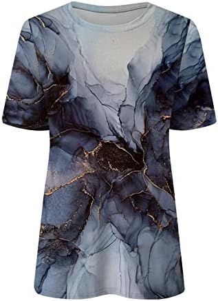 Дамски Мраморна Графична Блуза от Ликра Свободно Намаляване с дълъг Деколте и Къс Ръкав Лято Есен 2023, Модни