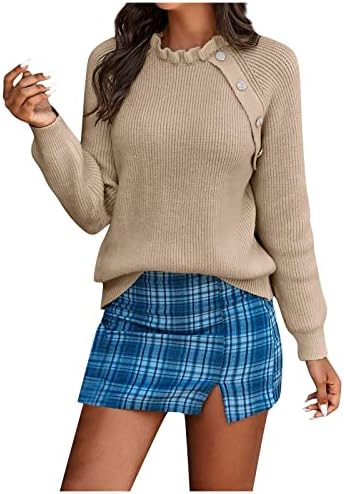RMXEi / Жена Есенно-Зимния Моден Обикновен Пуловер Копчета с Дълъг ръкав и една вълнообразна деколте