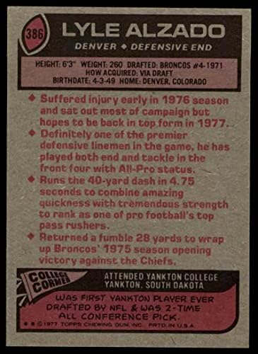 1977 Topps 386 Lyle Альзадо Denver Broncos (Футболна карта) EX/Mount Broncos Янктон