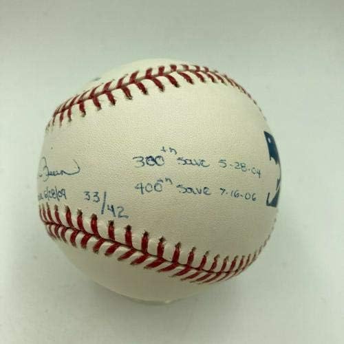 Мариано Ривера Прави Сэйвы За кариера, Подписани с Едър Шрифт STAT Baseball Steiner COA - Бейзболни топки с