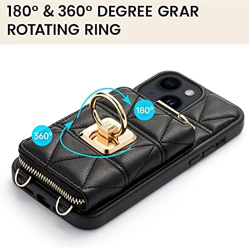CUSTYPE, Съвместим с калъф за iPhone 14 Plus, Чантата с държач за карти, Въртяща се на 360 градуса пръстен [Двустранна