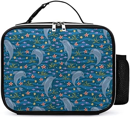 Морски Животни Делфините Чанта За Обяд Подвижна Кожена Кутия С Дръжка Държач За Приготвяне На Храна За Многократна