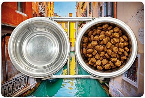 Подложка за домашни любимци Ambesonne Venice за храна и вода, Ярък Цветен Гледка към Венеция, Сградата на Канала,