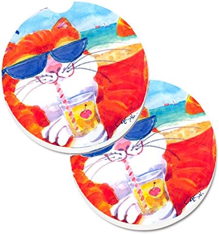 Caroline's Treasures 6118CARC Стръмен Котка със Слънчеви очила на плажа, Комплект от 2 Подстаканников, Коли, Влакчета от Абсорбиращ Пясъчник, Подложки за автомобилни Подстаканни