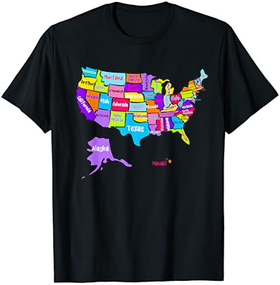Цветна карта на САЩ с имена на щати, Тениска United States САЩ