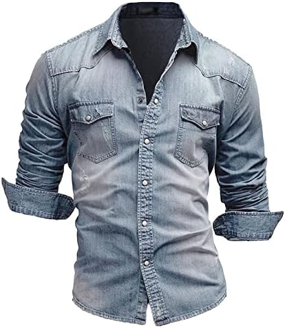 Мъжки Дънки с Риза с дълъг ръкав, Ежедневни Ризи с копчета в западен стил, Облегающая Деним риза от выстиранной плат (Светло синя, Голям размер)