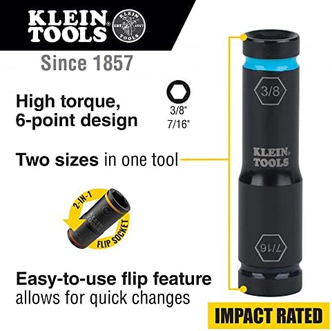 Сгъваща се патронник на удар с Klein Tools 66077, размер 7/16 и 3/8 инча, използва се с компактни ударни ключове Klein Tools BAT20CW, BAT20CW1