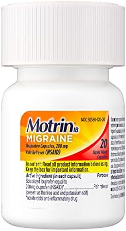 Motrin МЗ Течен Гел Капсули от Мигрена, Ибупрофен 200 мг, Медикаменти за мигрена, 20 Карата