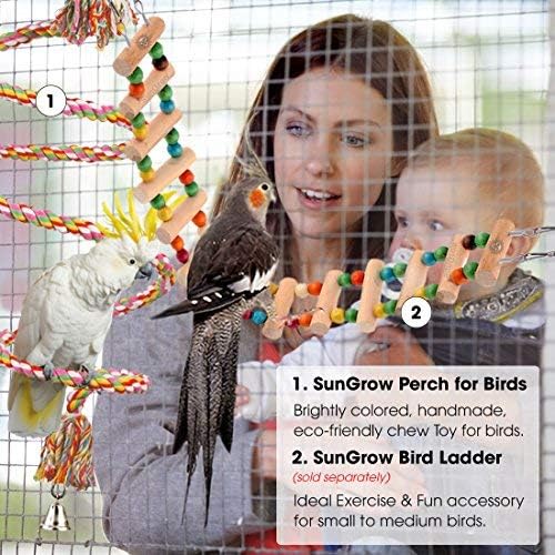 Жердочка за папагали на въже SunGrow, с обща Дължина 1,5 м, Играчка за птици-бънджи, Светли Дъвчене играчка